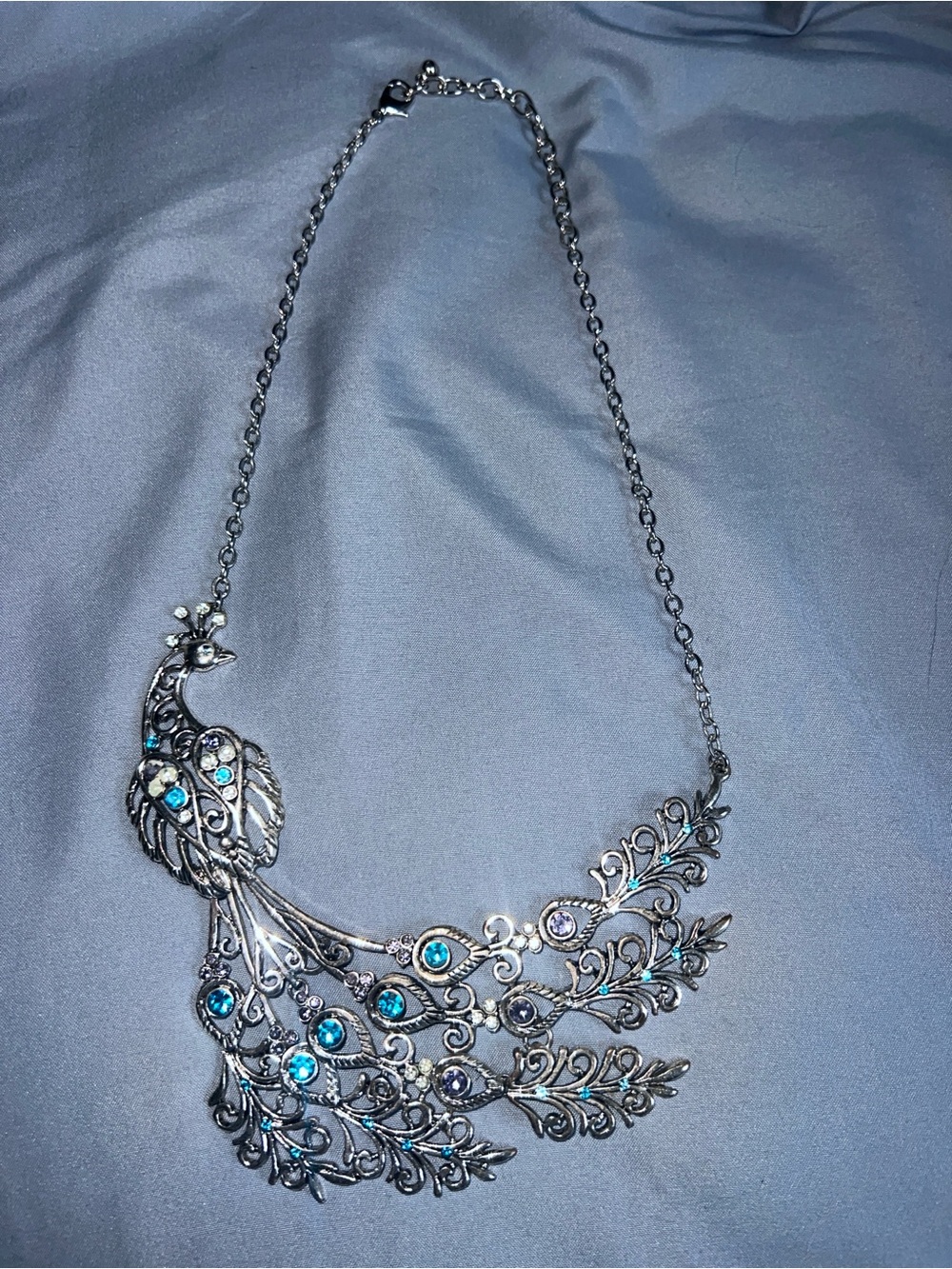 Peacock Statement Jewelry Silver-Toned Blue Rhinestones
